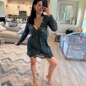 Chic Teal Lace V-Neck Dress